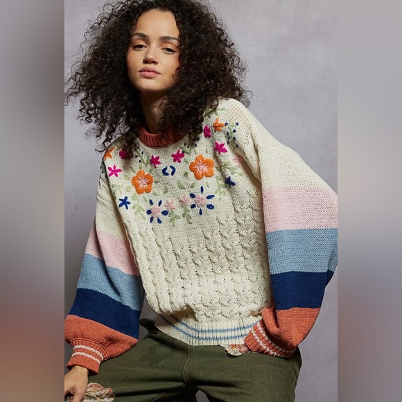 NWT Pol Floral Embroidered Color Block Chenille Sweater Balloon Sleeve Relaxed - Picture 5 of 5